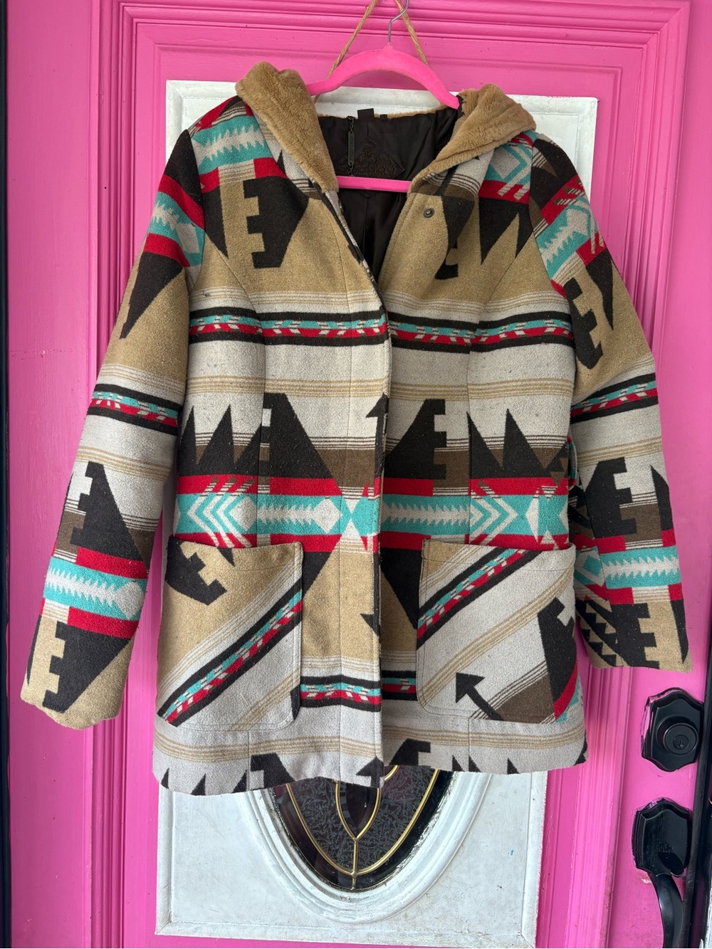 Jou Jou Tan Aztec-Patterned Hooded Pea Coat with Red & Teal Accents